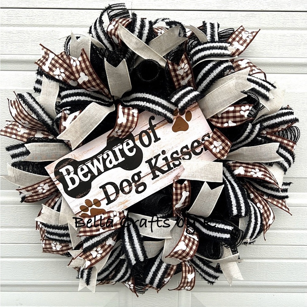 Stunning beware of dog kisses handmade wreath. Perfect door decor.